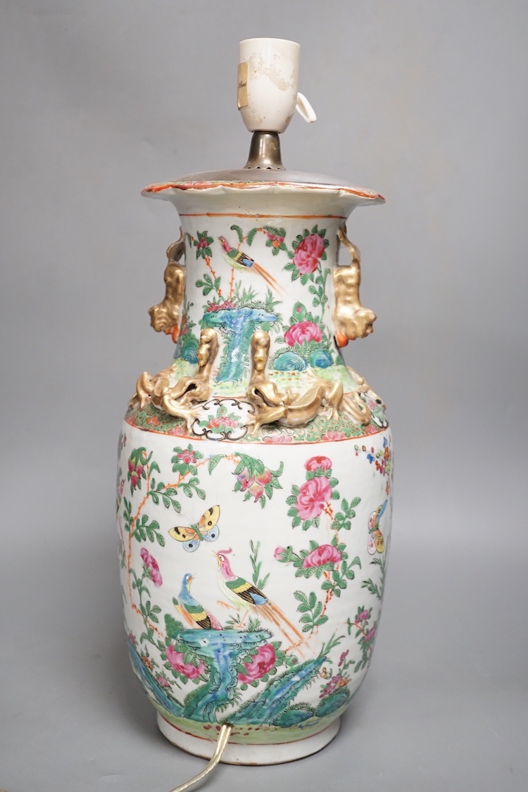 A 19th century Chinese famille rose porcelain vase mounted as a table lamp 35cm